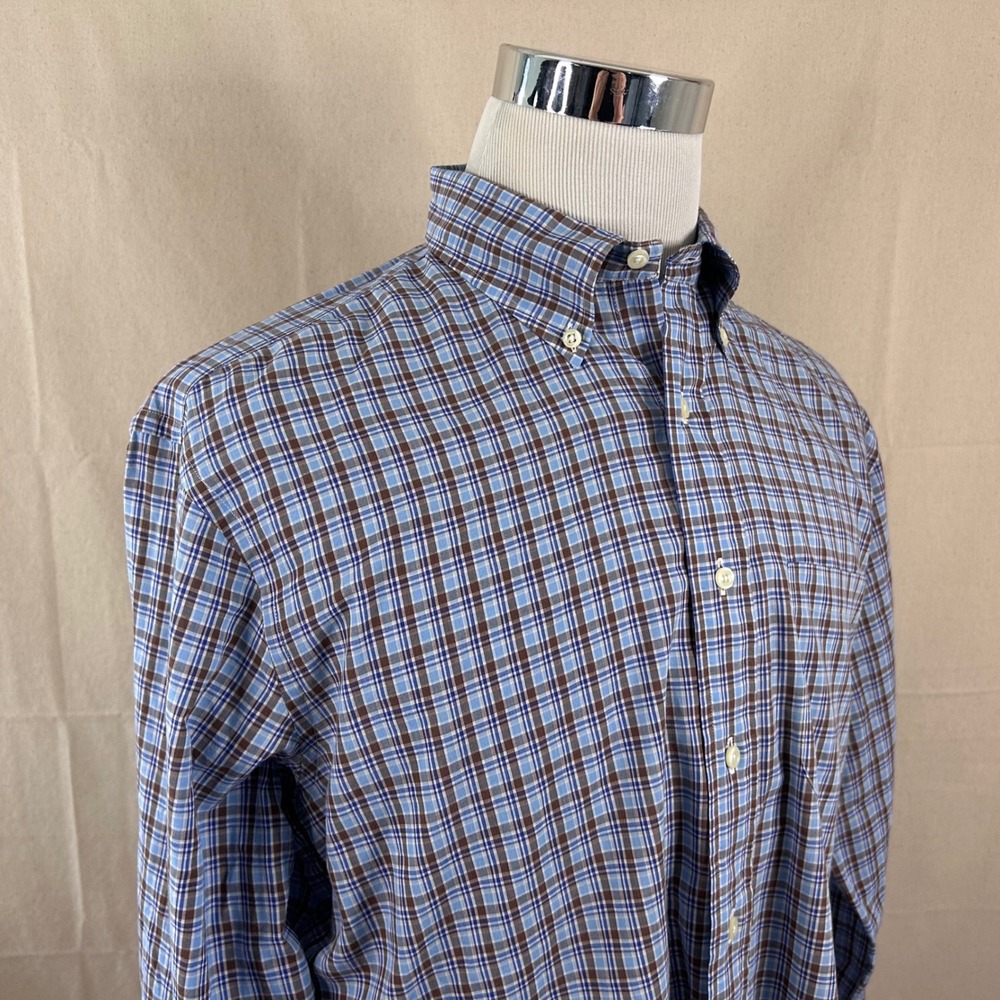 Made in New England Large USA Made Button Down Shirt Blue Plaid Cotton Mens